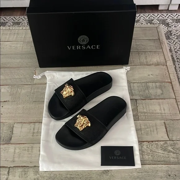 Versace | Shoes | Nib Versace Black Slides With Gold Medusa  display picture 1